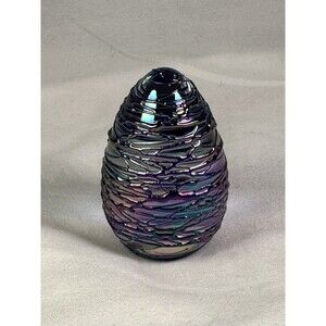 Signed Iridescent Art Glass Egg Paperweight - Pulled Feather Design - 3.5"